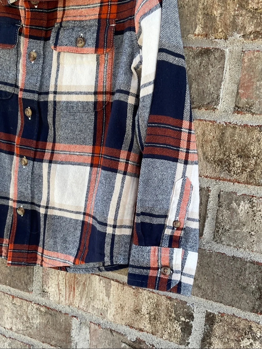 Take 50% OFF- Old Navy Boys Navy, Rust & Cream Plaid Button-Down Shirt,Size-6